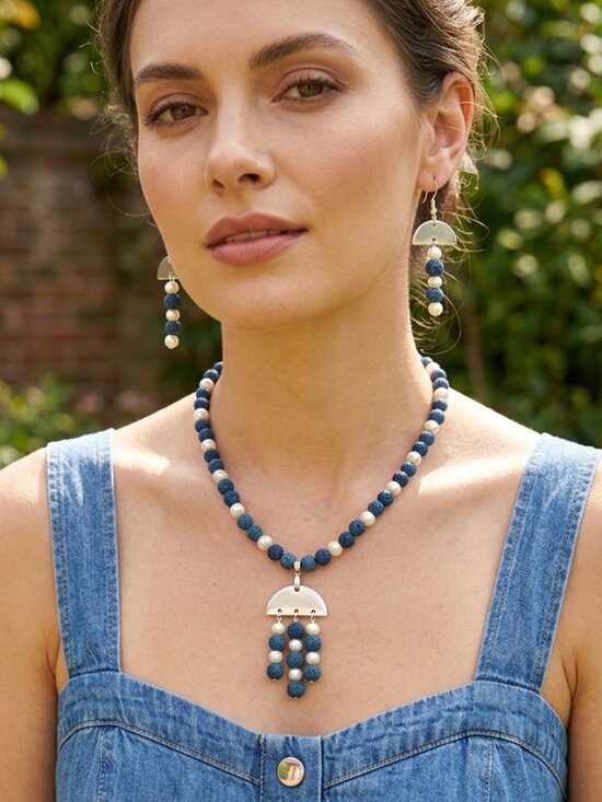 Handmade Jewelry - Blue Lava Stone and Glass Pearls Necklace and Pierced Earrings Set
